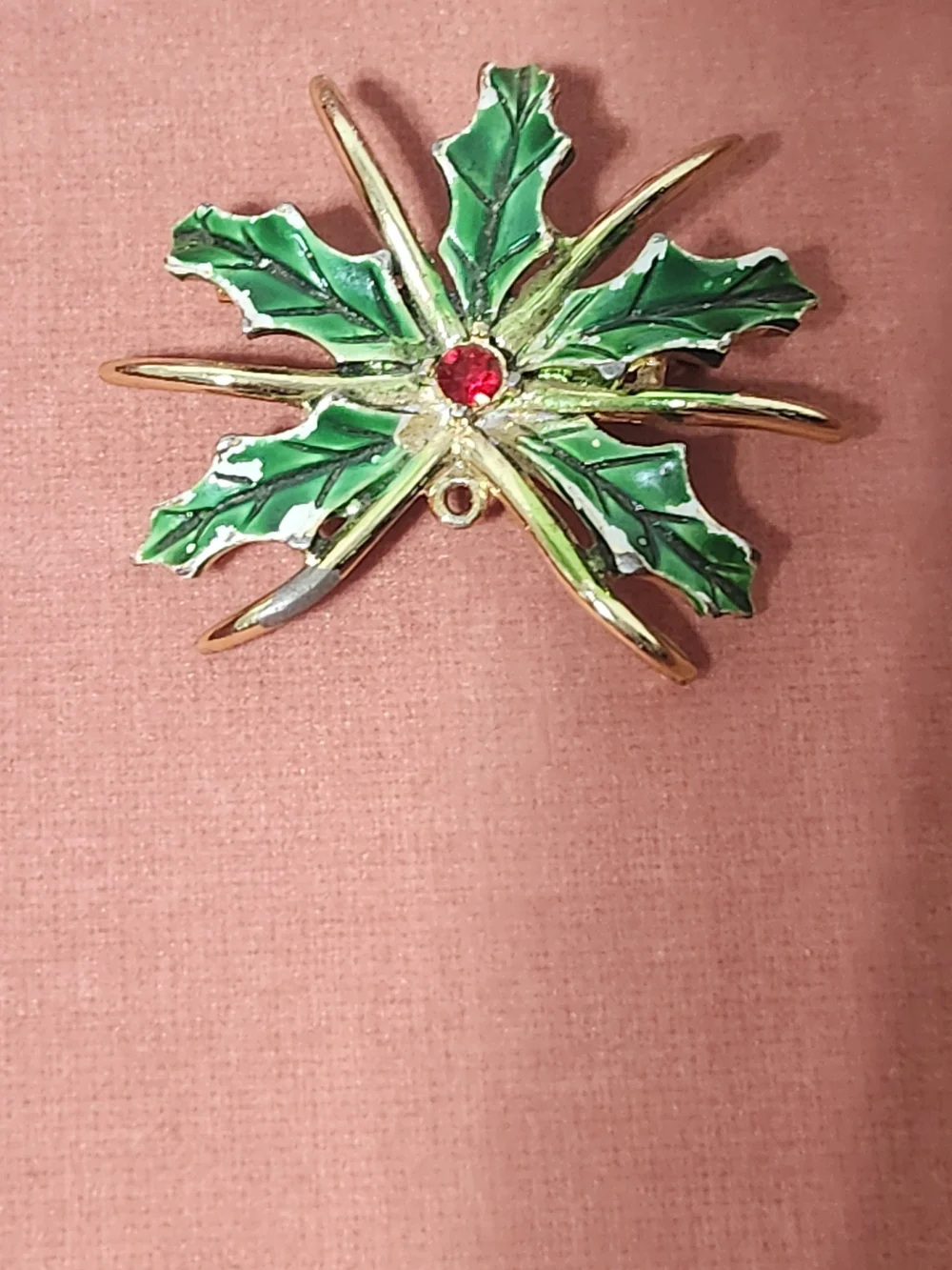 Green Holly Leaf Brooch with Red Crystal Center